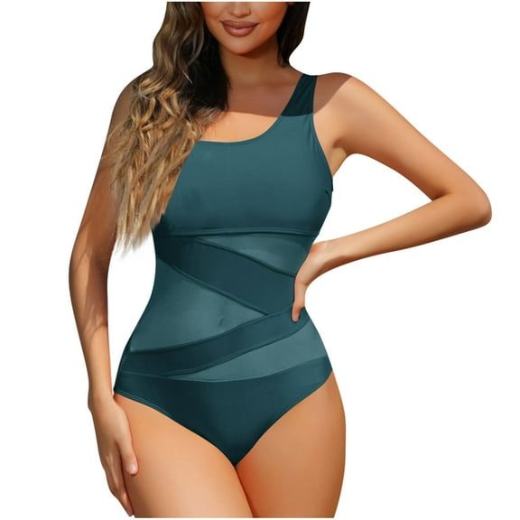 Yghzkop Womens Halter Neck Swimsuit Solid Color Sheer Mesh Built In Bra No Wire Sexy Backless Tummy Control Summer Bathing Suit One Piece