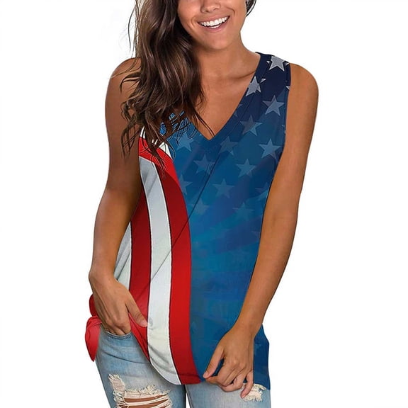 Yghzkop Womens Independence Day Tank Tops Printed Sleeveless V-Neck T-Shirt Top American Flag Patriotic Women's Casual Summer Wear Breathable Quick-Dry Shirt