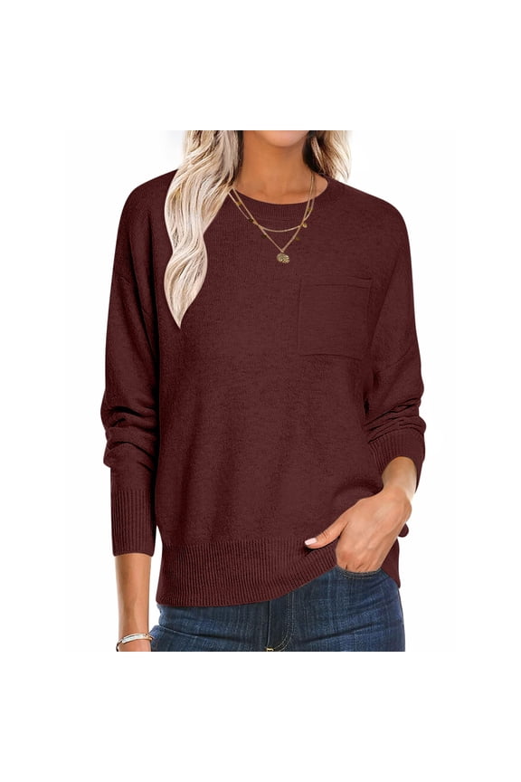 Womens Lightweight Merino Wool Blend Sweater Solid Color Crew Neck Pullover Top Long Sleeve Chest Pocket Minimalist Casual Basic Fall Layer Soft Breathable office Wear