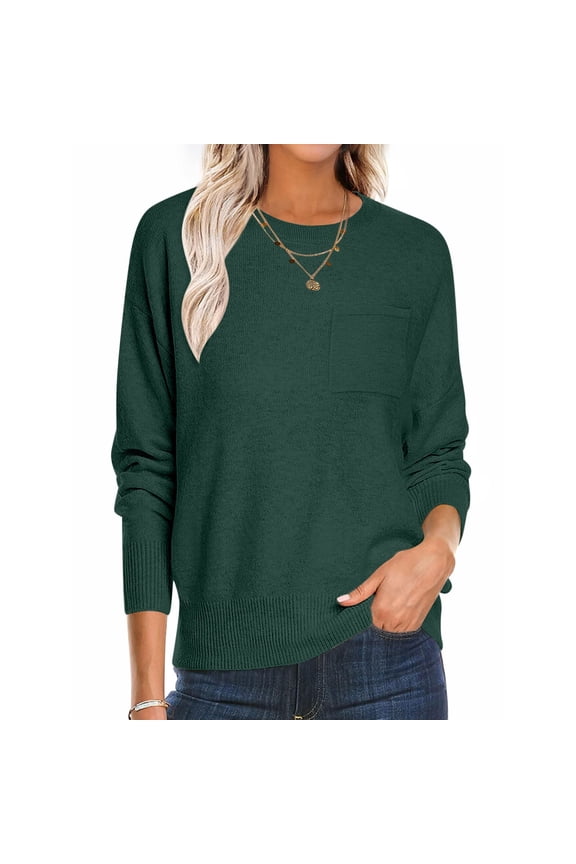 Womens Lightweight Merino Wool Blend Sweater Solid Color Crew Neck Pullover Top Long Sleeve Chest Pocket Minimalist Casual Basic Fall Layer Soft Breathable office Wear