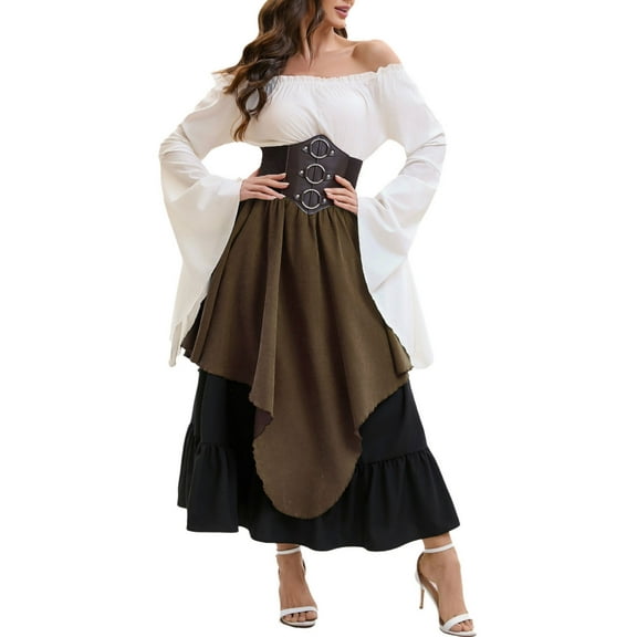 Yghzkop Womens Medieval Corset Dress Set Square Neck High Waist Pleated Bustier Top Suspender Skirt Strap Puffy Sleeve Renaissance Gothic Vintage Costume Lace-Up