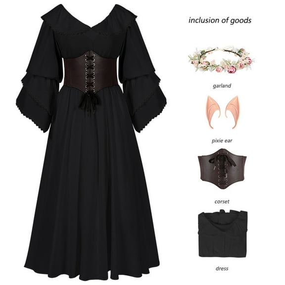 Yghzkop Womens Medieval Dress Contrast Color Corset Top Puff Sleeves Princess Skirt Gothic Renaissance Court Costume Vintage Peter Pan Collar Velvet Lace Ball Gown Party