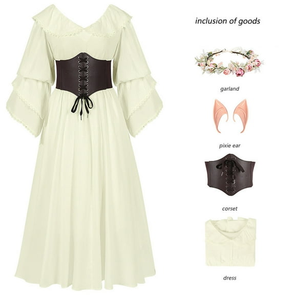Yghzkop Womens Medieval Dress Contrast Color Corset Top Puff Sleeves Princess Skirt Gothic Renaissance Court Costume Vintage Peter Pan Collar Velvet Lace Ball Gown Party