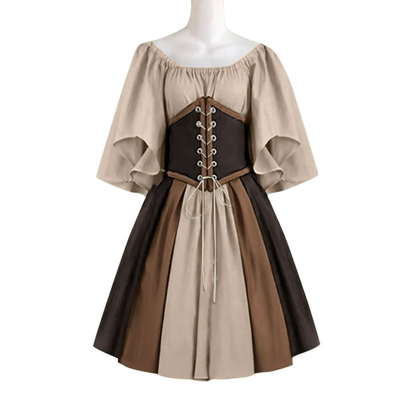 Yghzkop Womens Medieval off Shoulder Dress Renaissance Vintage Short Sleeve Color Block Corset Tie Gothic Court Style Mini A-Line Party Daily Elegant Lace Trim
