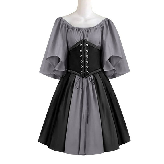 Yghzkop Womens Medieval off Shoulder Dress Renaissance Vintage Short Sleeve Color Block Corset Tie Gothic Court Style Mini A-Line Party Daily Elegant Lace Trim