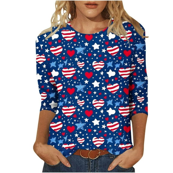 Yghzkop Womens Patriotic Printed T-Shirts 3/4 Sleeve Round Neck Loose Fit Summer Tops Breathable Cotton Blend Casual Everyday Wear American Flag Graphic Independence Day Apparel