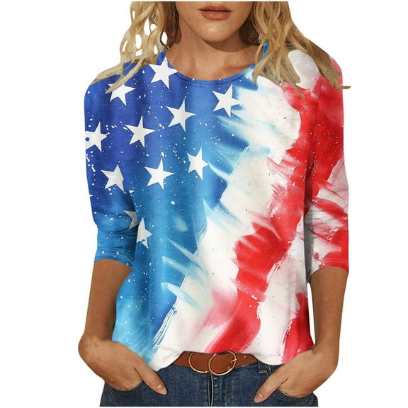 Yghzkop Womens Patriotic Printed T-Shirts 3/4 Sleeve Round Neck Loose Fit Summer Tops Breathable Cotton Blend Casual Everyday Wear American Flag Graphic Independence Day Apparel