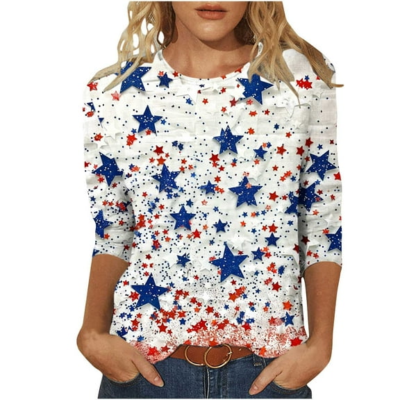 Yghzkop Womens Patriotic Printed T-Shirts 3/4 Sleeve Round Neck Loose Fit Summer Tops Breathable Cotton Blend Casual Everyday Wear American Flag Graphic Independence Day Apparel