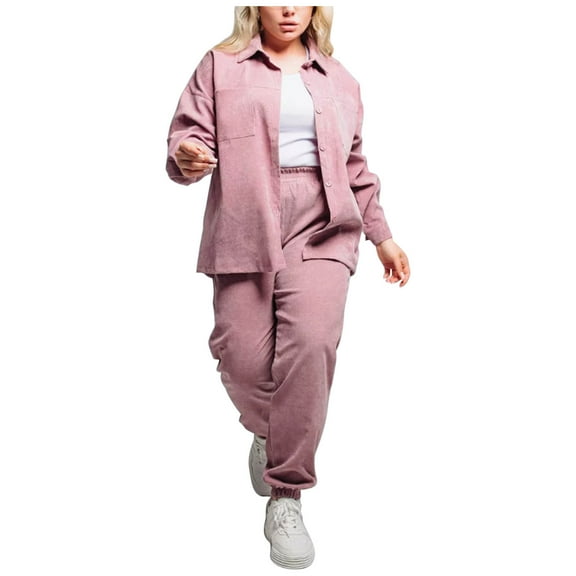 Yghzkop Womens Plus Size Fall Winter Corduroy Set Lapel Shirt and Wide Leg Pants Casual Loose Fit Two Piece Outfit Comfortable Loungewear Street Style office Wear Trousers