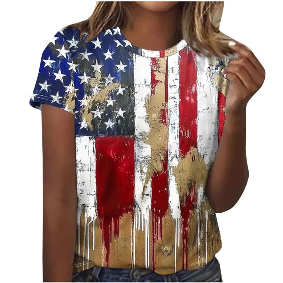 Yghzkop Womens Printed Blouse Summer Short Sleeve Round Neck Independence Day Graphic Tee Oversized Fit Soft Jersey Fabric Everyday Casual Stretchy Femme Basic Shirts