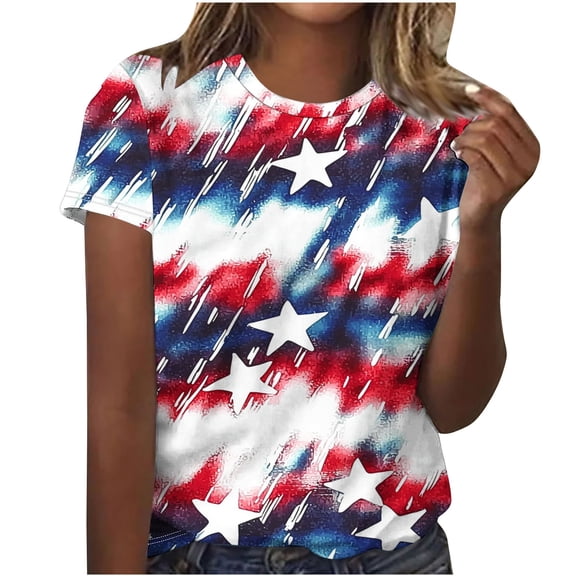 Yghzkop Womens Printed Blouse Summer Short Sleeve Round Neck Independence Day Graphic Tee Oversized Fit Soft Jersey Fabric Everyday Casual Stretchy Femme Basic Shirts