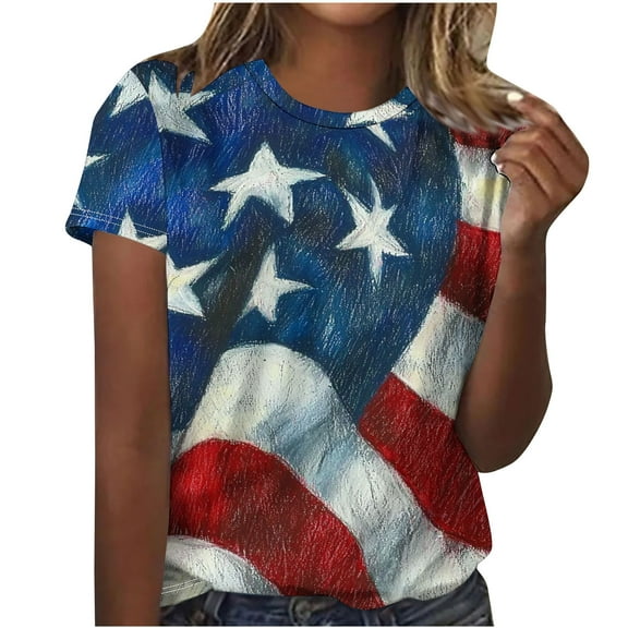 Yghzkop Womens Printed Blouse Summer Short Sleeve Round Neck Independence Day Graphic Tee Oversized Fit Soft Jersey Fabric Everyday Casual Stretchy Femme Basic Shirts