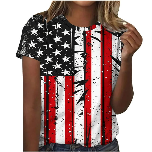Yghzkop Womens Printed Blouse Summer Short Sleeve Round Neck Independence Day Graphic Tee Oversized Fit Soft Jersey Fabric Everyday Casual Stretchy Femme Basic Shirts