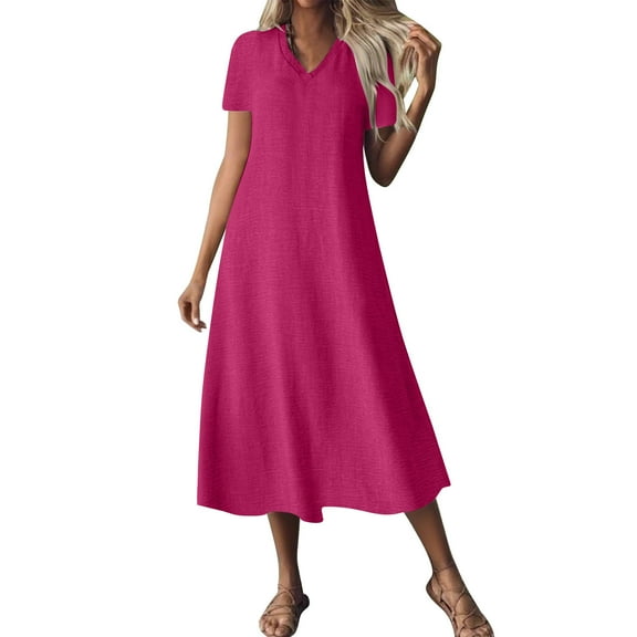 Yghzkop Womens Solid Color V Neck Short Sleeve Casual Dress Flowy A Line Knee Length Summer Dress with Pockets Lightweight Breathable Fabric Lounge Wear Daily Outfit Comfort Fit Stretch Waist