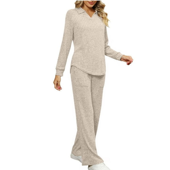 Yghzkop Womens Solid Color V Neck Tops and Pants Set Long Sleeve Ribbed Loungewear Two Piece Outfit with Pockets Casual Home Wear Comfortable Lounge Set Relaxed Fit Women Pajamas