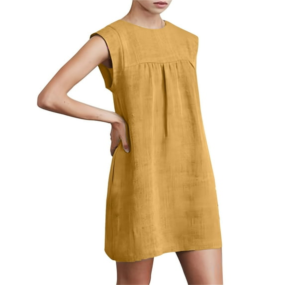 Yghzkop Womens Summer Cotton Linen dress Solid Color Round Neck Midi Dress Blend Sleeveless Loose Fit Beach Sundress Casual Pocket Dress