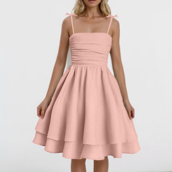 Yghzkop Womens Summer Solid Color Adjustable Lace Up Side Tiered Ruffle Hem Double Layer Camisole Dress Cute Sleeveless Sundress