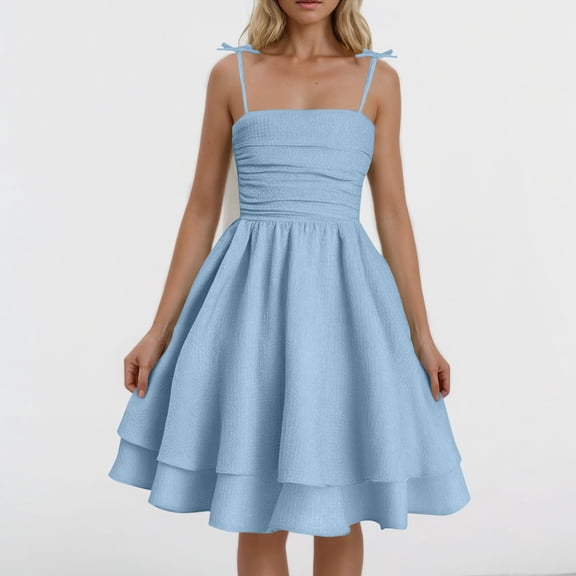 Yghzkop Womens Summer Solid Color Adjustable Lace Up Side Tiered Ruffle Hem Double Layer Camisole Dress Cute Sleeveless Sundress