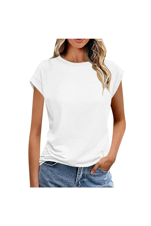 Womens Summer Tops Crewneck Cap Sleeve T Shirts Banded Bottom Top Loose Fit Short Sleeves Tee Casual Tunic Basic Shirt