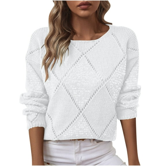 Yghzkop Womens Sweater Sequin Embellished Knit Top Long Sleeve Round Neck Sparkle Mesh Holiday Party Wear Openwork Loose Fit Winter Fashion Blouse
