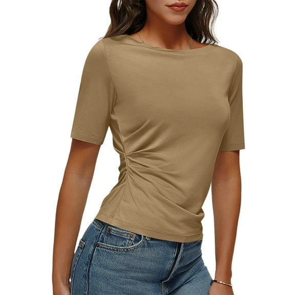 Yghzkop Womens T-Shirts Summer Slim Round Neck Quick-Dry Short Sleeve Top Casual Solid Color Shirt Breathable Boho Tunic Blouse Activewear