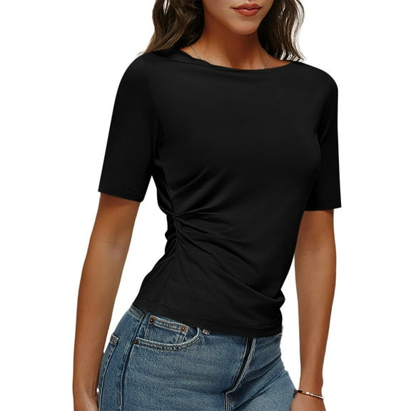 Yghzkop Womens T-Shirts Summer Slim Round Neck Quick-Dry Short Sleeve Top Casual Solid Color Shirt Breathable Boho Tunic Blouse Activewear