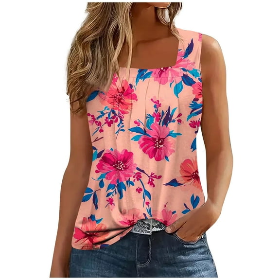 Yghzkop Womens Tank Tops Summer Flower Print Casual Loose Fit Tops Square Neck Trendy Sleeveless Tees Lightweight Quick-Dry T Shirt Basic Cute Tops Clothes Outfits