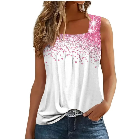 Yghzkop Womens Tank Tops Summer Flower Print Casual Loose Fit Tops Square Neck Trendy Sleeveless Tees Lightweight Quick-Dry T Shirt Basic Cute Tops Clothes Outfits