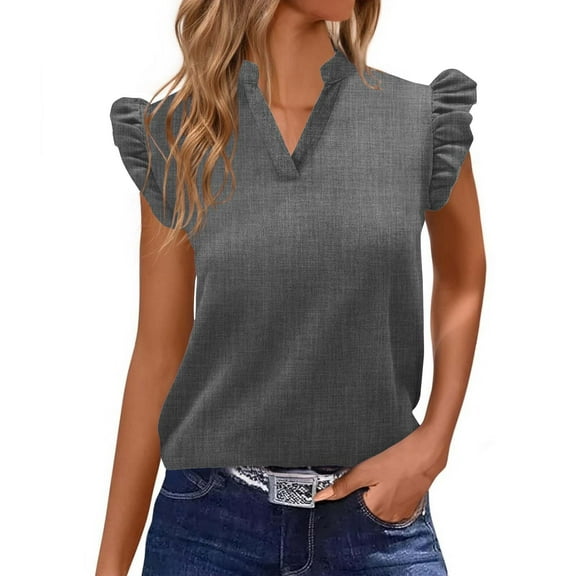 Yghzkop Womens Tees Flutter Sleeve V Neck T-Shirt Solid Color Casual Blouse Summer Loose Fit Top Ruffle Trim Lace Design Fashion Shirts