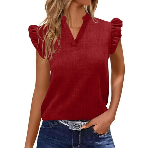Yghzkop Womens Tees Flutter Sleeve V Neck T-Shirt Solid Color Casual Blouse Summer Loose Fit Top Ruffle Trim Lace Design Fashion Shirts