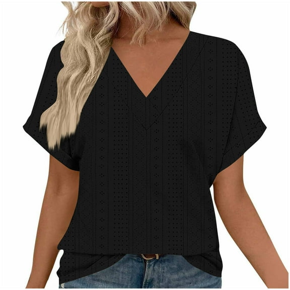 Yghzkop Womens Tees Summer Jacquard Texture V Neck Short Sleeve T-Shirt Solid Color Loose Fit Casual Blouse Breathable Cotton Palazzo Boho Shirt