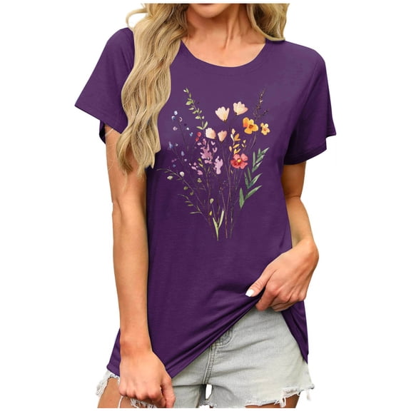 Yghzkop Womens Tees Summer Short Sleeve Round Neck Tops Botanical Print Casual Blouse Floral T-Shirt Rayon Jersey Loose Fit Vacation Shirt