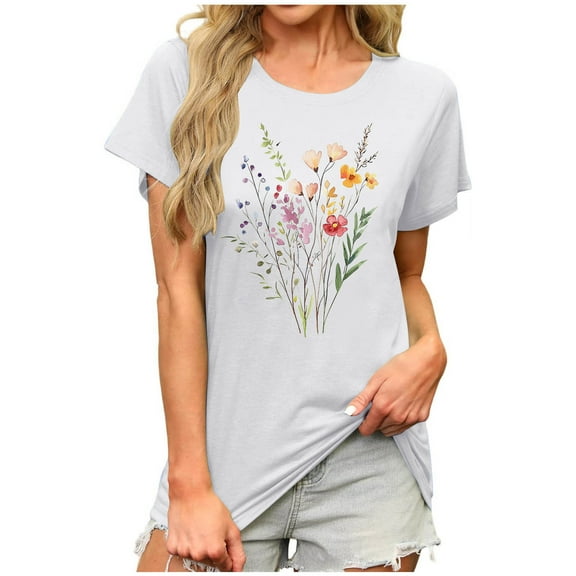 Yghzkop Womens Tees Summer Short Sleeve Round Neck Tops Botanical Print Casual Blouse Floral T-Shirt Rayon Jersey Loose Fit Vacation Shirt