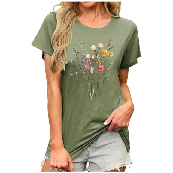 Yghzkop Womens Tees Summer Short Sleeve Round Neck Tops Botanical Print Casual Blouse Floral T-Shirt Rayon Jersey Loose Fit Vacation Shirt