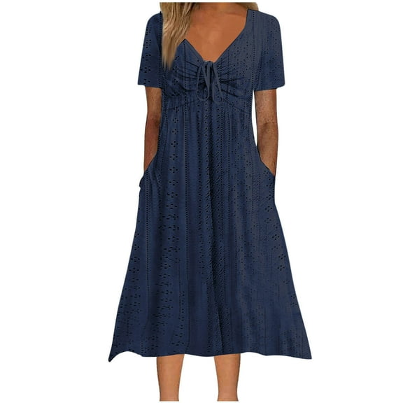 Yghzkop Womens Tie Waist Pocket Dress Summer V-Neck Short Sleeve Dress Casual Bodycon Dress Stretchy Day Dress Work Dress
