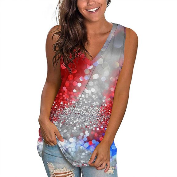 Yghzkop Womens Tops USA Flag Sleeveless V Neck Tank Tops Fourth of July Graphic Tank Casual Blouse Stars Stripes Holiday Celebration Shirts