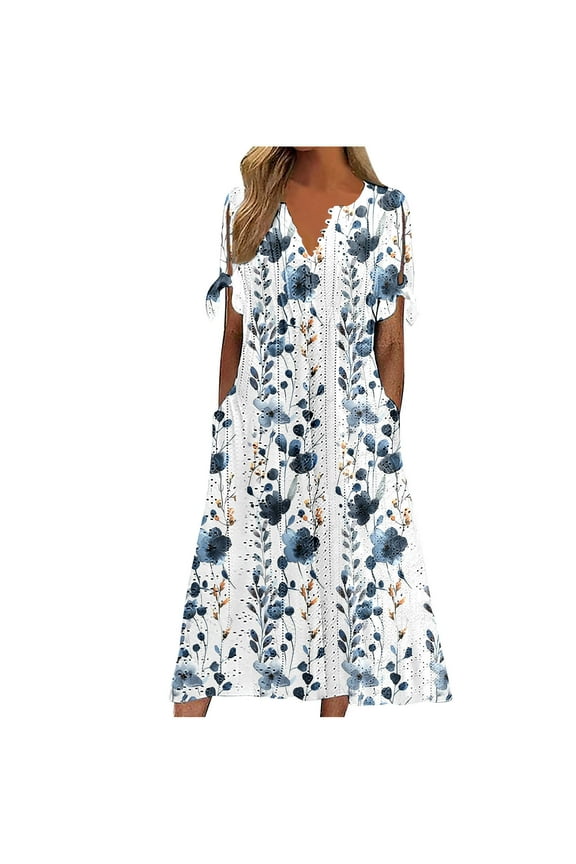 Womens Tropical Print V Neck Short Sleeve Dresses Bohemian Maxi Dress Beach Resort Collection Drawstring Waist Split Hem Lightweight Long Dress