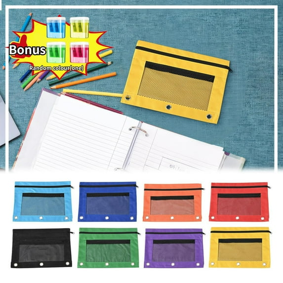 YgkuHd 9.9"x7.5" Zippered Binder Fabric Pencil Pouch Three Hole Cloth Pencil Case Double Layer Mesh Large Capacity Zipper Red(Bonus Pencil Sharpener!)