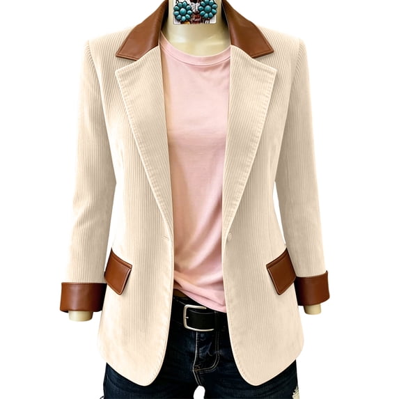 YgkuHd Blazers for Women Corduroy Lapel with Pockets Button Down Long Sleeve Suit Jacket Warm Casual Fall Winter Outfits,Beige 1_S