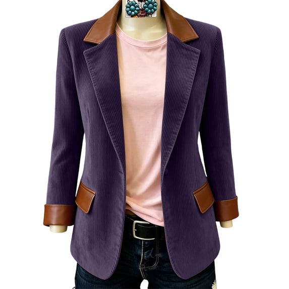 YgkuHd Blazers for Women Corduroy Lapel with Pockets Button Down Long Sleeve Suit Jacket Warm Casual Fall Winter Outfits,Purple 1_S