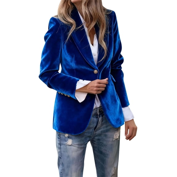 YgkuHd Blazers for Women Velvet Lapel Open Front Long Sleeve Dressy Suit Jacket Trendy Street Style Night Out Outfits,Blue_M