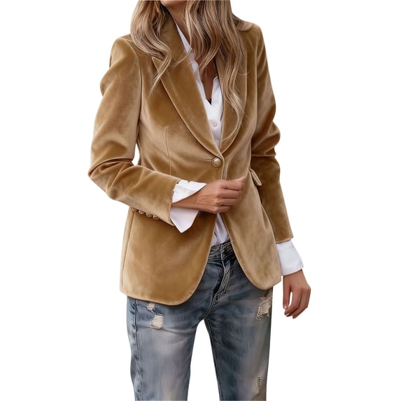 YgkuHd Blazers for Women Velvet Lapel Open Front Long Sleeve Dressy Suit Jacket Trendy Street Style Night Out Outfits,Khaki_S