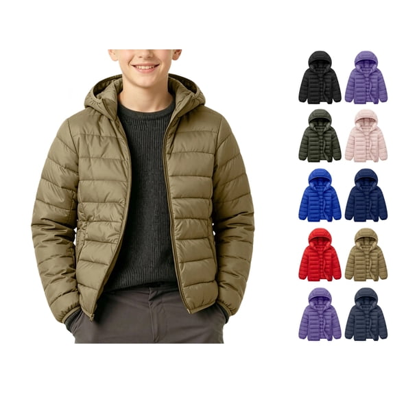 YgkuHd Boys and Girls Hooded Lightweight Puffer Jacket Solid Color Zip Up Casual Windproof Winter Coat for Teens 9-17 Years