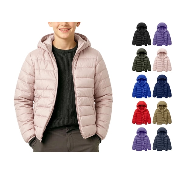 YgkuHd Boys and Girls Hooded Lightweight Puffer Jacket Solid Color Zip Up Casual Windproof Winter Coat for Teens 9-17 Years