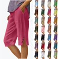 thumbnail image 1 of YgkuHd Capri Pants for Women Cotton Linen Summer Solid Color Loose Straight Leg Knee Length Shorts with Pockets, Side Slit Button, Casual Comfy Breathable Capris for Everyday Wear - Sizes S-5XL, 1 of 7