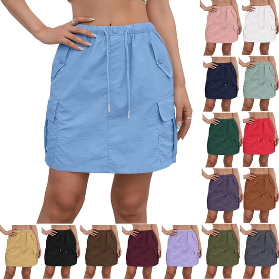 YgkuHd Cargo Skirt for Women Casual Fashion Pants Ladies Solid-color Stretch Belt Skirt String Button Pockets Shorts Dress Work Skirt with Pocket,Blue_XL
