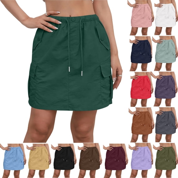 YgkuHd Cargo Skirt for Women Casual Fashion Pants Ladies Solid-color Stretch Belt Skirt String Button Pockets Shorts Dress Work Skirt with Pocket,Green_XL