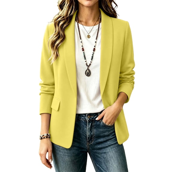 YgkuHd Fall Blazers for Women Fitted Lapel Long Sleeve Solid Casual Suit Jacket Dressy Work Office Outfits with Classic Style,Yellow_L