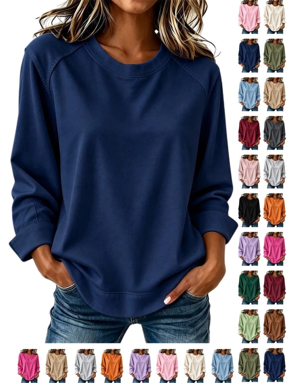 Fall Sweatshirts for Women Crew Neck Sweatshirts Women Loose Fit Long Sleeve Pullover Tops Comfort Casual Plus Size Fall Outfits_Navy L