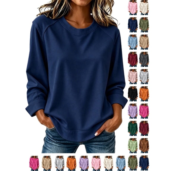 YgkuHd Fall Sweatshirts for Women Crew Neck Sweatshirts Women Loose Fit Long Sleeve Pullover Tops Comfort Casual Plus Size Fall Outfits_Navy S